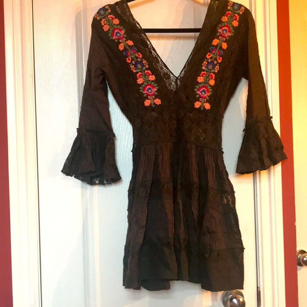 RARE free people embroidered dress floral tunic lace XS 0 2